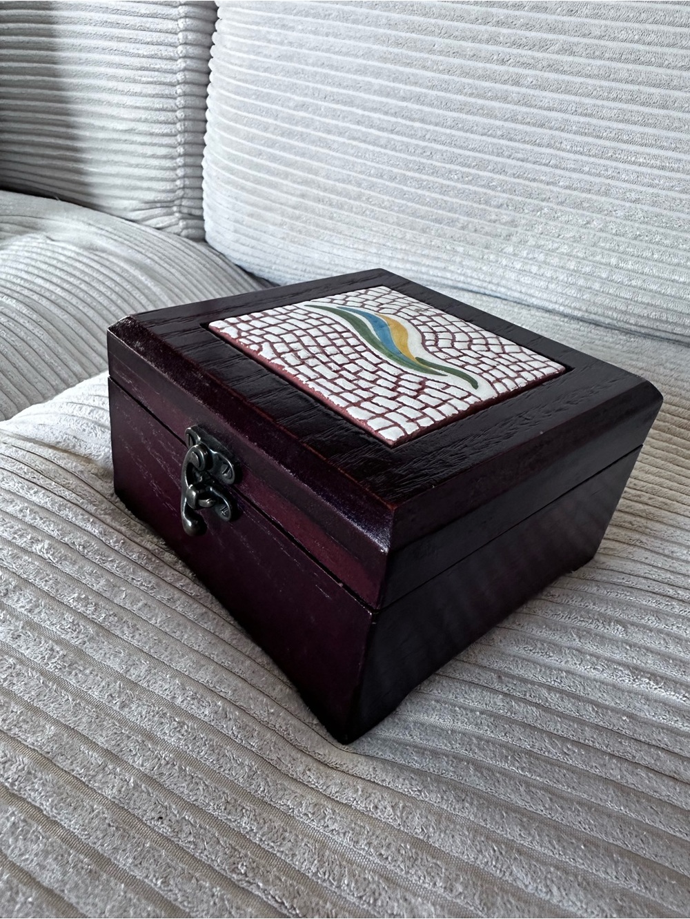 Handcrafted Dark Wood Jewelry Box with Decorative Tile